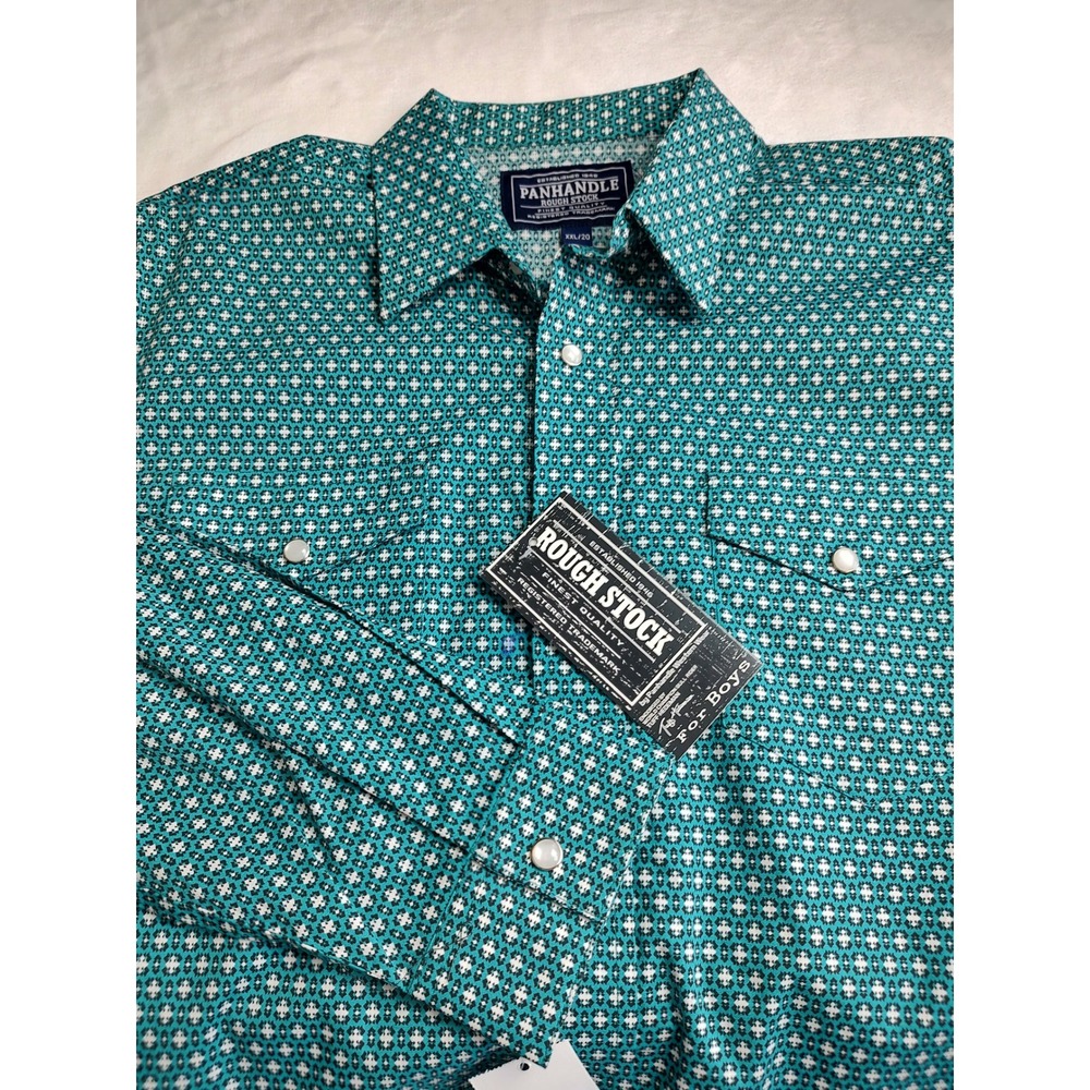 Panhandle Rough Stock Mens Turquoise Geometric Print‎ Snap Western Shirt XXL 20